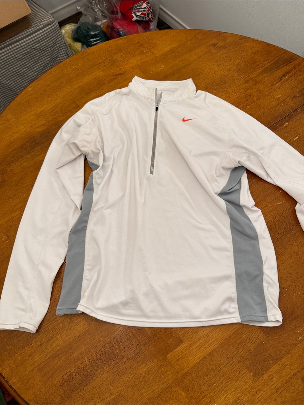 Nike White Long-Sleeve Swim Rash Guard with Gray Panels and Red Swoosh large